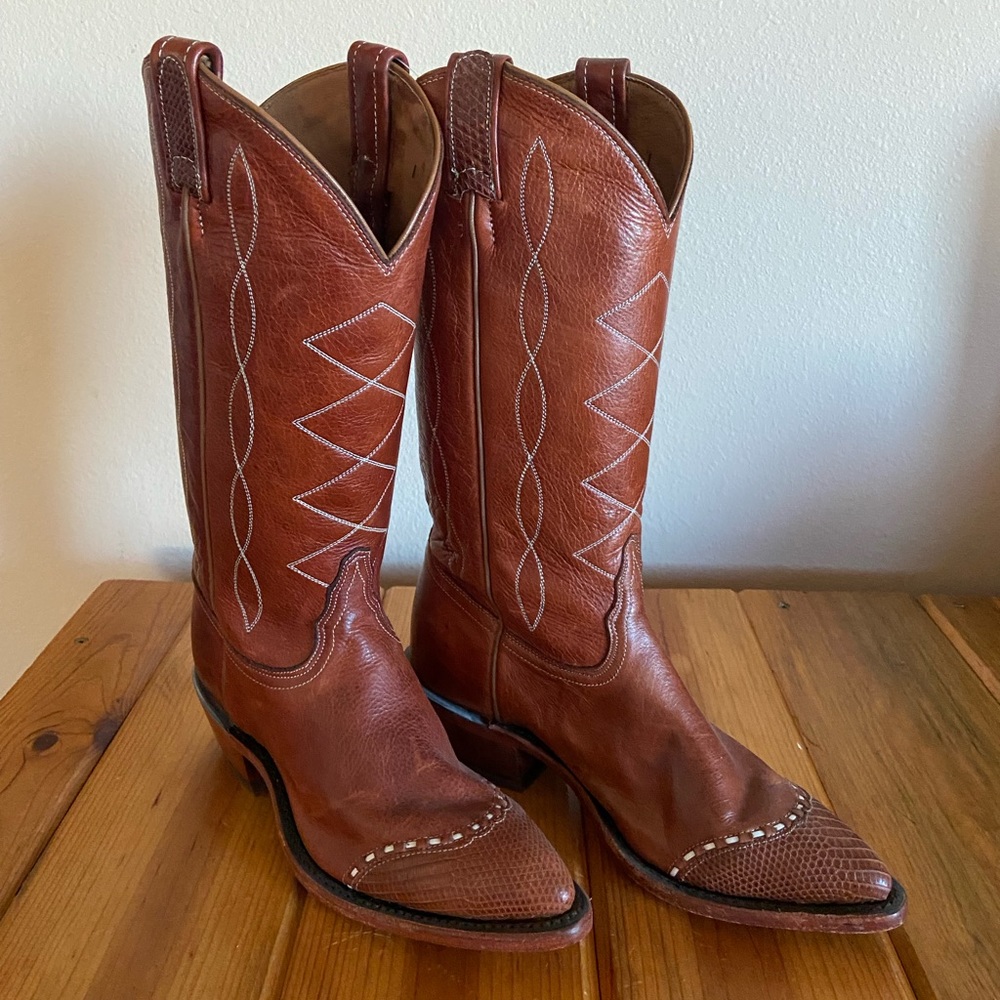 Tony Lama Lizard Tip Genuine “Emilia” Cognac Leather Cowgirl Boots